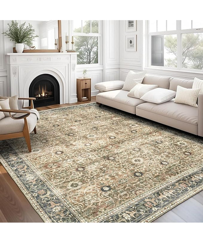 ReaLife Rugs Machine Washable Area Rug Runner - Living Room Bedroom Bathroom Kitchen Entryway Office - Padded Low Pile Stain Resistant Premium - Boho Farmhouse Vintage - Dua - Brown Gray Beige 3'x5'