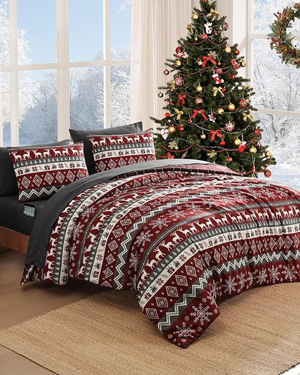 MaiRêve Christmas Full Comforter Sets, Red Reindeer Snowflake Bed Set for Holiday, Reversible Plaid Checkered Comforter Bed in a Bag, Soft Bedding Set 7 Pieces with Sheets, Pillowcases & Shams