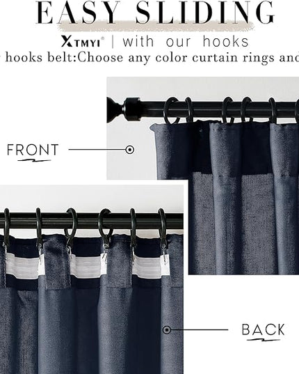 XTMYI Navy Blue Curtains 84 Inch Lengh,Linen Sheer Back Tab Hooks Pleated Light Filtering Dark Blue Kids Curtains for Boys Bedroom Living Room 2 Panel Set,Midnight/Indigo