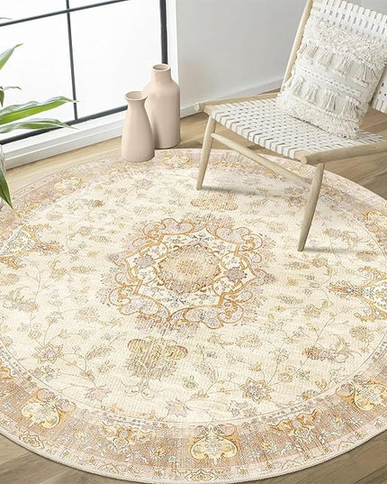 Beige Round Rug 4ft,Circle Washable Area Rugs for Bedroom Bathroom Entryway Kitchen,Small Boho Vintage Bohemian Distressed Oriental Floral Carpet Non Slip,Retro Gold Floral