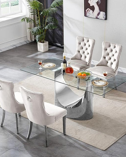 5 Piece Dining Table Set, Modern Glass Dining Table Set for 4 with Velvet Chairs, 70" Luxury Dining Table Chairs Set of 4, Kitchen Dining Room Sets for Dinner Dinette Breakfast Banquet, Beige+Silver