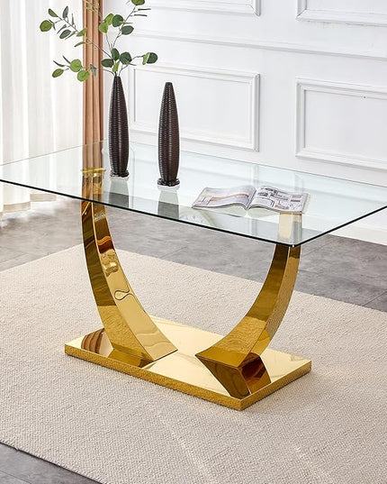 63” Glass Dining Table Set for 6,Gold Dining Room Table Set for 6,Modern Kitchen Table and PU Leather Chairs for 6, Dinner Table with Rectangle Tempered Glass Top and Golden Base