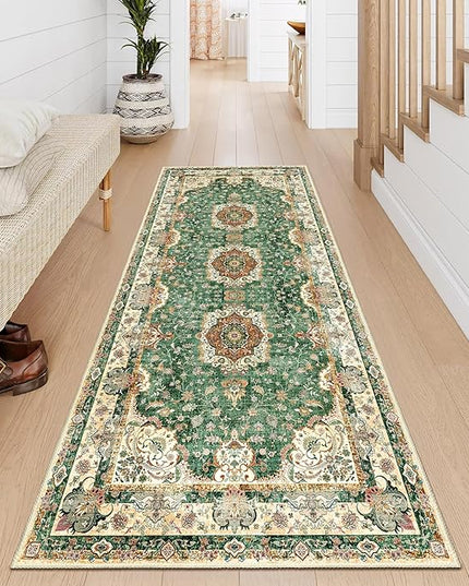 Washable Runner Rug 2'x6',Green Rug Runners Non Slip,Long Boho Rugs for Hallways Kitchen Bathroom Bedroom Entryway,Vintage Bohemian Distressed Floor Carpet,Retro Sage Floral
