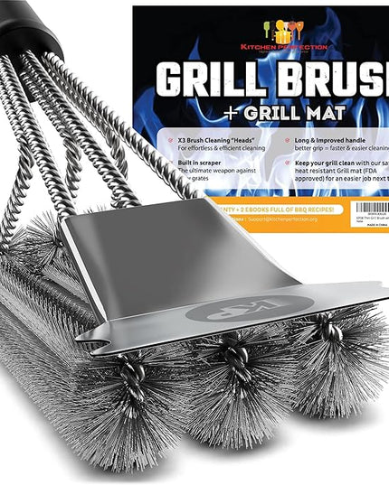 KITCHEN PERFECTION Safe Wire Grill Brush for Outdoor Grill w/Grill Scraper & Grill Mat Grill Cleaning Kit -Extended Handle BBQ Brush for Effortless Grill Cleaning Grill Cleaner Brush Barbecue Tools
