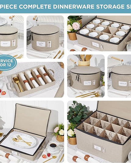 Hard Shell China Storage Containers 8-Piece Set Moving Boxes for Dinnerware, Glasses, Plates, Mugs and Saucers Sturdy Dish Organizer with Dividers for Seasonal Storage - Service for 12 - Brown