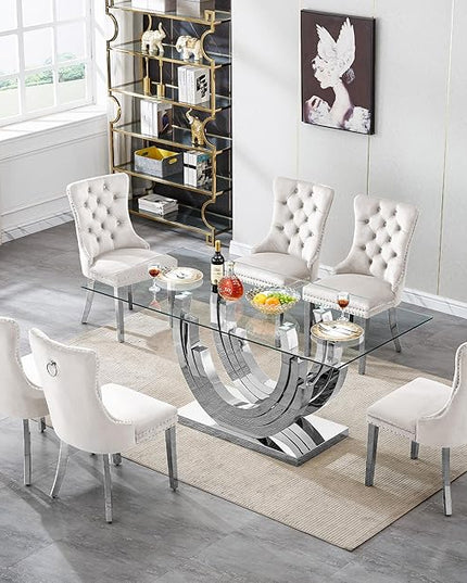 Henf 7-Piece Glass Dining Table Set with 6 Upholstered Dining Chairs, Large Dining Table and Chair Set for 6, Modern Glass Kitchen Table Furniture for Dining Room, U Shape Stainless Steel Pesestal