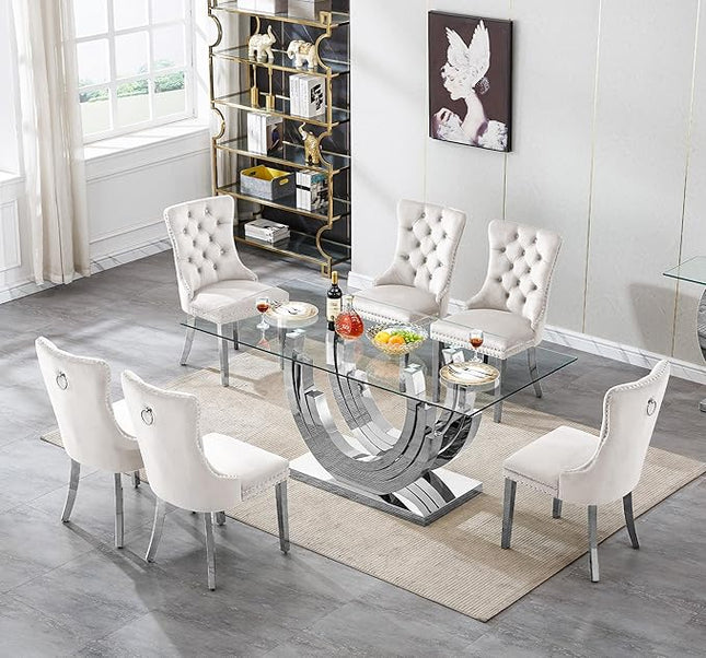 Henf 7-Piece Glass Dining Table Set with 6 Upholstered Dining Chairs, Large Dining Table and Chair Set for 6, Modern Glass Kitchen Table Furniture for Dining Room, U Shape Stainless Steel Pesestal