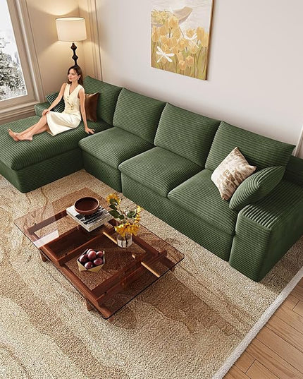 136" Cloud Couch Modular Sectional Sofa for Living Room, L-Shape Boneless Couch with Deep Seat, Modern Corduroy 4-Seater, No Assembly Required (Green,Left-Facing Chaise)