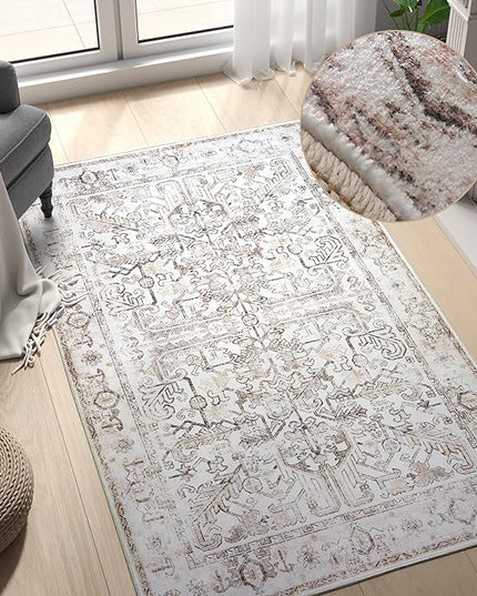 jinchan Lima Washable Area Rug 3x5 Entryway Rug - Distressed Vintage Floral Ultra-Thin Low-Pile Soft Non-Shedding Indoor Floor Carpet for Kitchen Bedroom Entrance Laundry Living Room (3x5ft, Taupe)