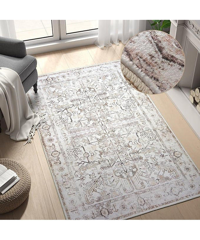 jinchan Lima Washable Area Rug 3x5 Entryway Rug - Distressed Vintage Floral Ultra-Thin Low-Pile Soft Non-Shedding Indoor Floor Carpet for Kitchen Bedroom Entrance Laundry Living Room (3x5ft, Taupe)