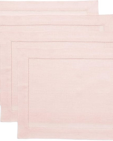 Solino Home Linen Placemats Set of 4 - Classic Hemstitch Pink Placemats 14 x 19 Inch - 100% Pure Linen Table Mats for Christmas