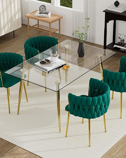 Golden Glass Dining Table Set for 4, 5 PCS Clear Glass Top Dining Room Table Set, 51'' Modern Luxury Rectangular Kitchen Table Set with Green Woven Chair, for Home Small Apartment