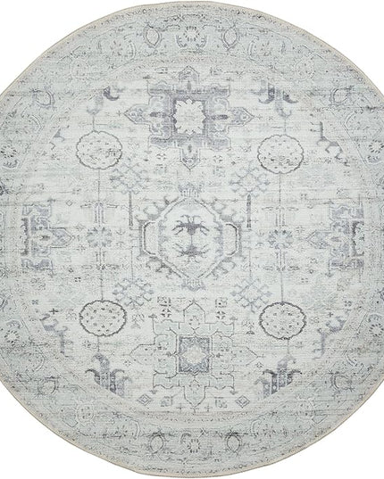 GLN Rugs Bohemian Collection - Machine Washable Area Rug, Bohemian Vintage, Non Slip, Low Pile Chenille Rug, Living Room, Bedroom, Bathroom Rug (5'3" Round Beige/Gray)