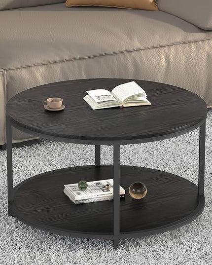 NSdirect Round Coffee Table, 25.6" Small Coffee Table for Living Room,2-Tier Rustic Wood Desktop with Storage Shelf Modern Design Home Furniture(Brown)