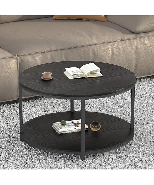 NSdirect Round Coffee Table, 25.6" Small Coffee Table for Living Room,2-Tier Rustic Wood Desktop with Storage Shelf Modern Design Home Furniture(Brown)