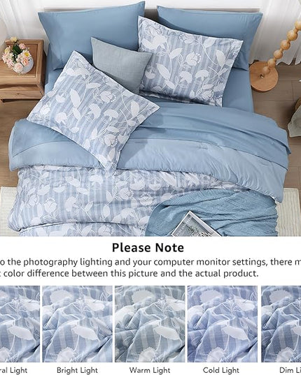 King Comforter Set -7 Pieces Blue Floral Comforter Set for All Seasons, Bed in a Bag King with Botanical Flowers Comforter, Sheets, Pillowcases & Shams