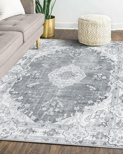 MUJOO Area Rugs 5'x7'Grey,Boho Rug for Bedroom Living Room Dining Room, Large Machine Washable Non Slip Carpet Vintage Bohemian Distressed Farmhouse,Floral