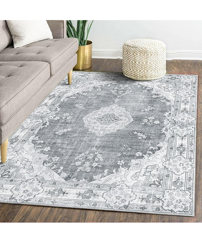 MUJOO Area Rugs 5'x7'Grey,Boho Rug for Bedroom Living Room Dining Room, Large Machine Washable Non Slip Carpet Vintage Bohemian Distressed Farmhouse,Floral