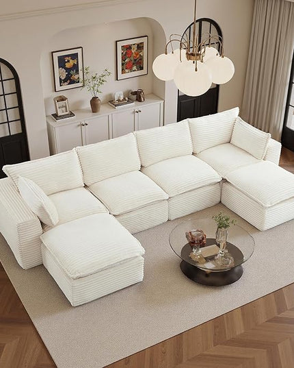 108" Sectional Couches for Living Room Boneless Couch Upholstered Cloud Couch Sectional Modular Sectional Sofa with L Shaped (Corduroy-White, 4 Seat+2 Ottoman)