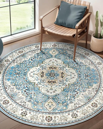 Ciicool Washable Area Rug Round 4’x4’ Boho Bedroom Rug Non-Slip Oriental Entry Throw Rug Low-Pile Indoor Floor Carpet for Living Room Laundry Foyer Decor (Vintage Blue)