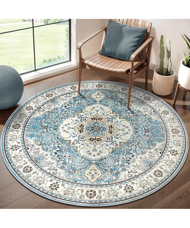 Ciicool Washable Area Rug Round 4’x4’ Boho Bedroom Rug Non-Slip Oriental Entry Throw Rug Low-Pile Indoor Floor Carpet for Living Room Laundry Foyer Decor (Vintage Blue)