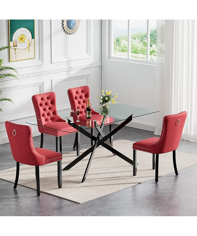 Modern 5-Piece Glass Dining Table Set for 4, Modern 60" Rectangle Black Glass Dining Room Table Set with Burgundy Velvet Tufted Chairs Wood Legs for Kitchen Dining Room