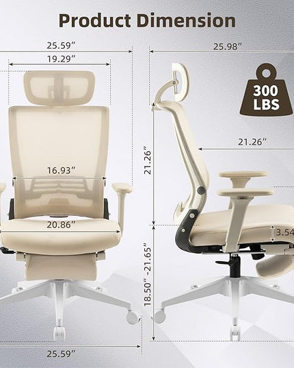 Foldable Office Chair with Foot Rest, Ergonomic Office Chair with Adjustable Lumbar Support, Headrest, Armrest, Home Office Desk Chair for Space Saving, Work from Home, Cream