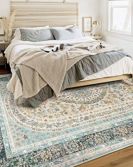 6x9 Area Rugs Washable,Blue Rug for Living Room Bedroom Kitchen,Large Boho Vintage Bohemian Distressed Oriental Carpet Non Slip,Floral
