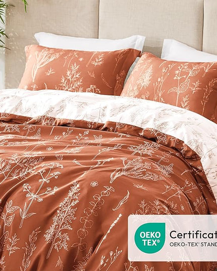 Love's cabin Terracotta Comforter Set King - King Size Comforter Set, 3 Pieces Cute Floral Bedding Sets for All Seasons,1 Soft Reversible Botanical Flowers Comforter and 2 Pillow Shams