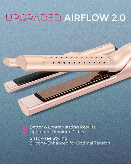 TYMO Airflow 2.0 Curling Iron Flat Iron - Hair Straightener and Curler 2 in 1, 1.25 Inch Curling Wand for Long Short Hair, Dual Voltage for Travel, 54 Million Ionic, Anti-Tangle, 5 Temps, Gold Blush