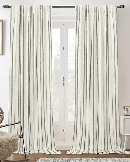 DriftAway Farmhouse Linen Blend Blackout Curtains 84 Inches Long for Bedroom Vertical Striped Printed Linen Curtains Thermal Insulated Lined Treatments for Living Room 2 Panels W52 x L84 Linen Black