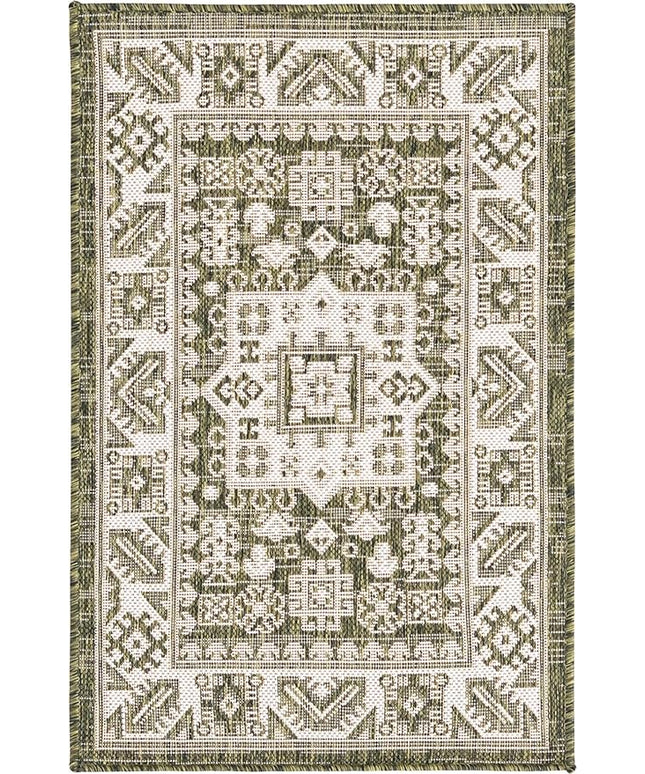 Rugs.com Outdoor Aztec Collection Rug – 2' x 3' Green Flatweave Rug Perfect for Living Rooms, Large Dining Rooms, Open Floorplans