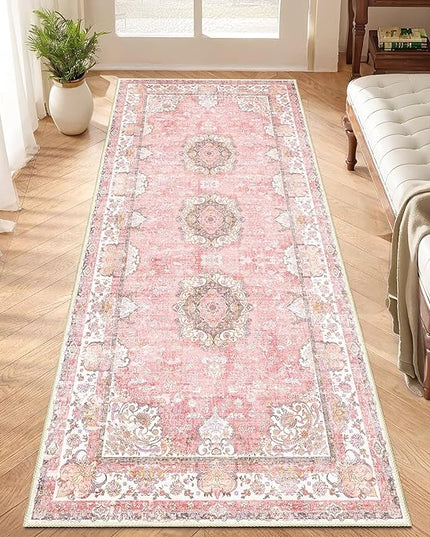 Washable Runner Rug 2'x6',Pink Rug Runners Non Slip,Long Boho Rugs for Hallways Kitchen Bathroom Bedroom Entryway,Vintage Bohemian Distressed Floor Carpet,Blush Floral Flowers