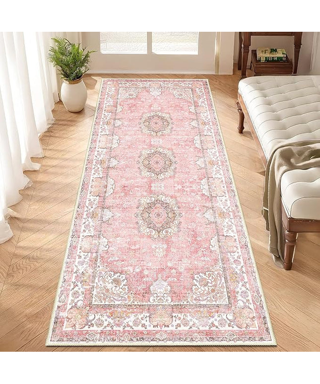 Washable Runner Rug 2'x6',Pink Rug Runners Non Slip,Long Boho Rugs for Hallways Kitchen Bathroom Bedroom Entryway,Vintage Bohemian Distressed Floor Carpet,Blush Floral Flowers