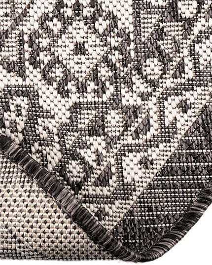 Rugs.com Outdoor Aztec Collection Rug – 4 Ft Round Charcoal Gray Flatweave Rug Perfect for Kitchens, Dining Rooms