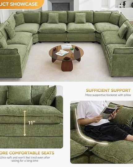 147'' Oversized U Shaped Cloud Sectional Sofa, Chenille Deep Seat Couches for Living Room, Comfy Upholstered Modular Sectional Sofa Couch, Green