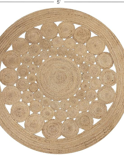 REDEARTH · Round Area Rug - 5 Feet Braided Scalloped Abaca Embrace Natural Jute Rug- Artisan Made Boho Jute Patterned Rugs for Bedroom, Kitchen, Living Room, Farmhouse, Handmade Vintage Décor
