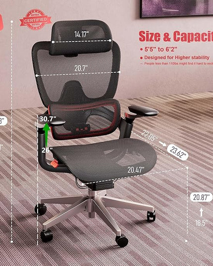 Ergonomic Office Chair, Big and Tall Mesh Computer Gaming Chair with Adaptive Lumbar Support, Work Chair with Headrest, 5D Armrest,90-130°Tilt, BIFMA Certified, Model Zen (Red)