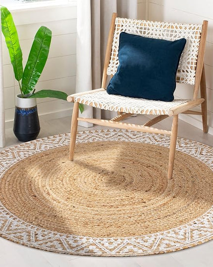 voyzz home Premium Natural Jute Braided Area Rug, 4-feet Round, White Printed Border, Stain Resistance, Natural Handmade Rug for Entryways, Living Room, Dining Room, Bedroom, Farmhouse, Kitchen