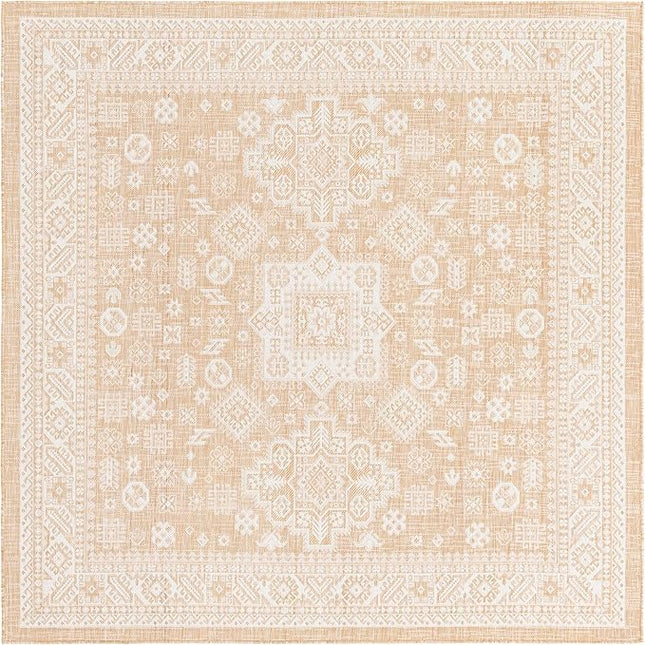 Rugs.com Outdoor Aztec Collection Rug – 8 Ft Square Natural Flatweave Rug Perfect for Living Rooms, Kitchens, Entryways