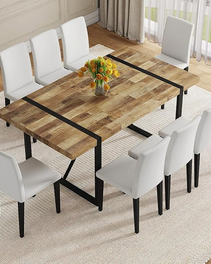 Dining Table Set for 6，Dinner Table Set for 6，71'' Kitchen Table and PU Leather Chairs Set of 6，6 Chair Dining Table Set for Kitchen Dining Room