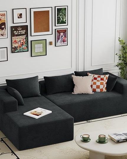 ALISH 111 Inch L-Shaped Cloud Sectional Sofa Couch, Compression Couch with Chaise, Modular Deep Seat Boneless Design for Easy Setup, Plush Upholstered Living Room Bedroom Apartment Furniture, Black