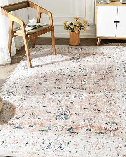jinchan Area Rug 3x5 Entryway Rug - Washable Vintage Boho Floral Floor Cover Lightweight Low Pile Indoor Doormat Thin Non-Slip Carpet for Kitchen Living Room Bedroom Dining Room Office Pink Blush