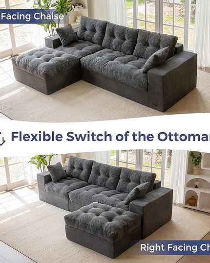MAXYOYO 104" L Shaped Modular Sectional Sofa with Ottoman, Cloud Boneless Couch with Layered Cushion, Upholstered Sofa in a Box, Flexible Module Combination for Living Room, No Assembly, Dark Grey