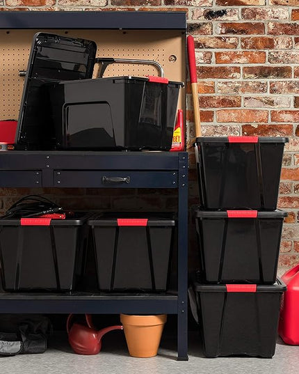 IRIS USA 51 L (54 QT) Plastic Storage Box with Lid and Latches - 4 Pack - BPA-Free, Garage Organizing Solution, Durable Nestable Stackable Containers, Secure Pull Handle - Black