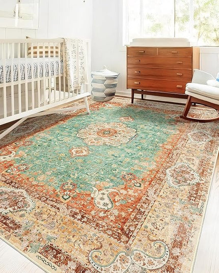 5x7 Area Rugs Washable,Boho Rug for Living Room Bedroom Kitchen,Large Vintage Bohemian Distressed Farmhouse Carpet Non Slip,Retro Orange Green Floral