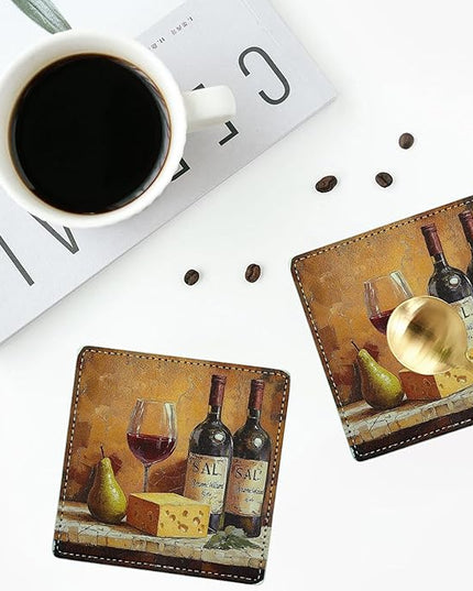 Marble Coasters Square Leather Drinks Coaster Set with Holder for Coffee Table Bar Home Decor 4 Inches Set of 6 (Vintage Wine, One Size)