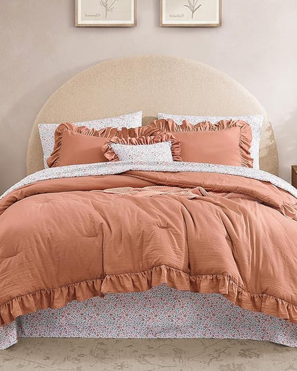 Full Comforter Set - 7 Pieces Ruffle Autumn Leaf Bedding Sets, Shabby Chic Farmhouse Bed in a Bag Full with Ruffle Comforter, Floral Sheets, Pillowcases & Shams