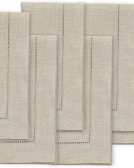 Solino Home Natural Linen Napkins Set of 6-100% Pure Linen Hemstitch Dinner Napkins 20 x 20 Inch for Christmas, Holiday, New Year - Classic Hemstitch