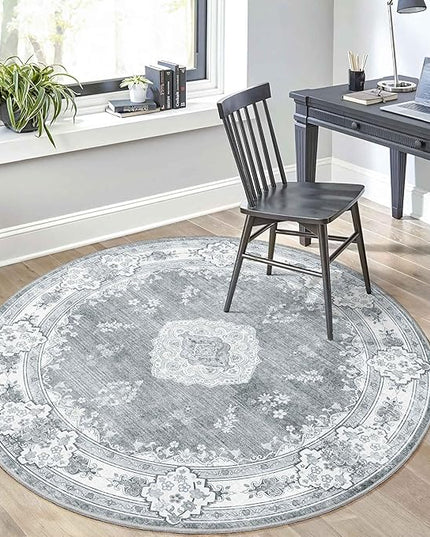 MUJOO Grey Round Rug 5ft,Circle Washable Area Rugs for Bedroom Living Room Bathroom,Boho Vintage Bohemian Distressed Farmhouse Large Non Slip Circular Carpet,Floral